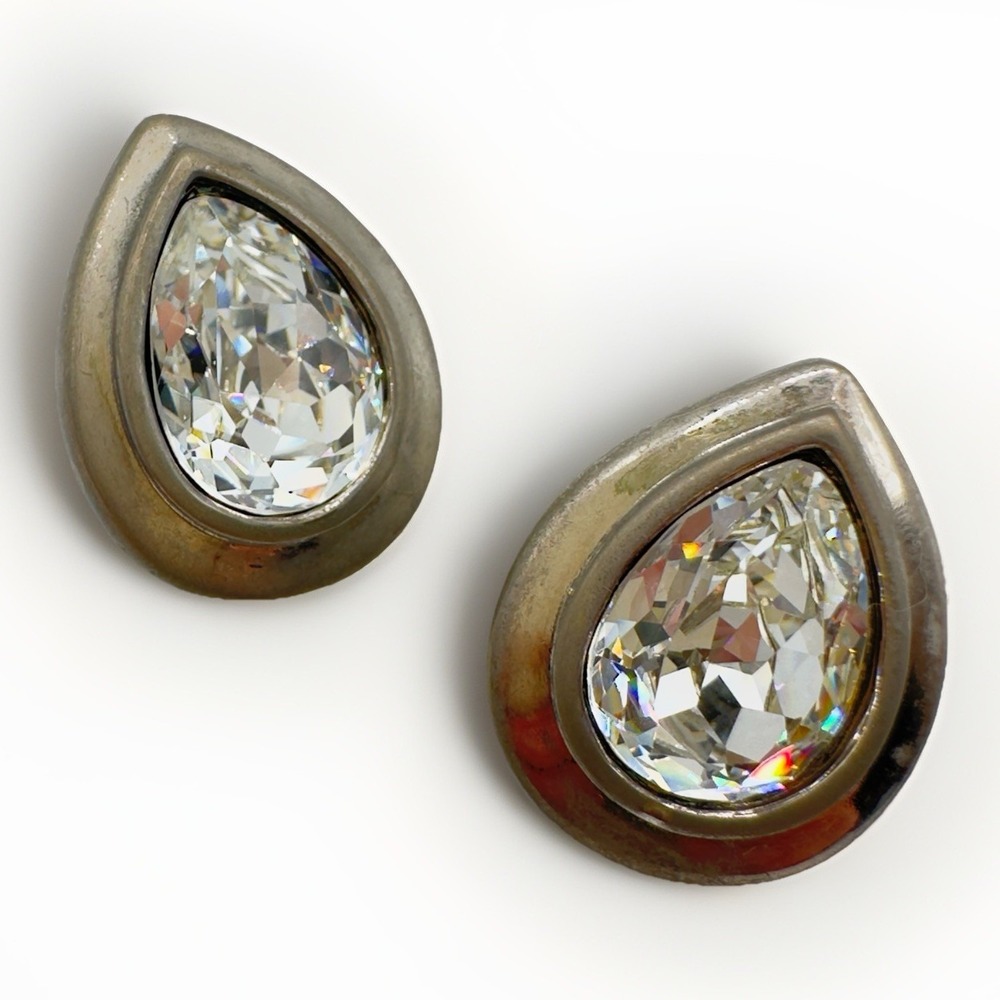 Vintage Signed SAL Swarovski Clear Teardrop Crystal Pierced Earrings Silver Tone